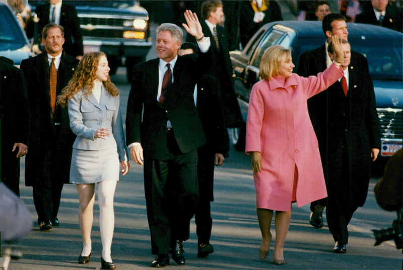 Bill Clinton walking after Pennsylvania Avenue with family - Vintage Photograph