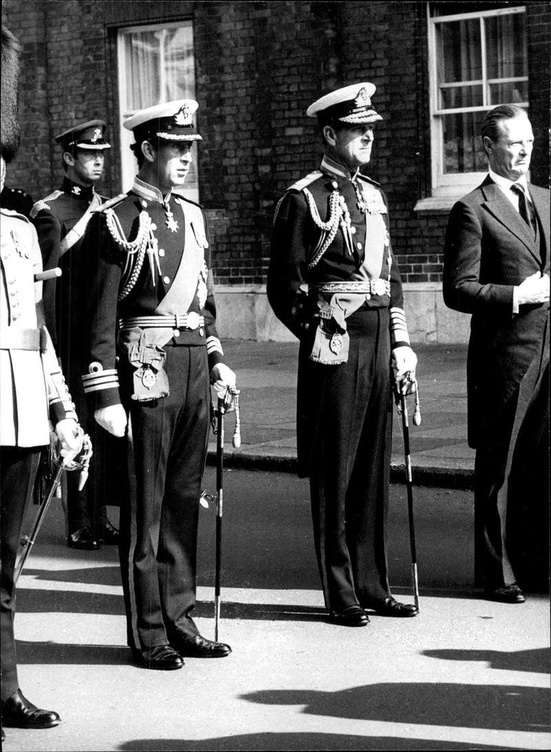 From the funeral of Earl Mountbatten of Burma. Here seen Prince Philip and Prince Charles behind the cart with the coffin - Vintage Photograph