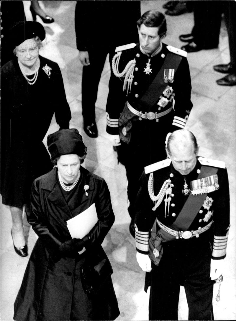 Funeral of Earl Mountbatten of Burma. Queen Elizabeth, Prince Charles, the Queen Mother and Prince Charges leave Westminster Abbey - Vintage Photograph