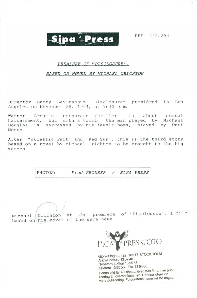 Michael Crichton's book becomes film "Disclosure" - Vintage Photograph