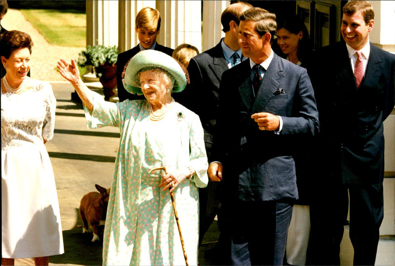 Princess Margaret, Prince Charles and Queen Mother celebrate her 95th birthday - Vintage Photograph