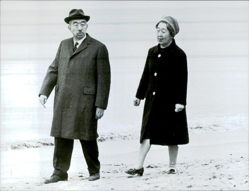 Japanese Emperor Hirohito and Empress Empress Kōjun at sea. - Vintage Photograph