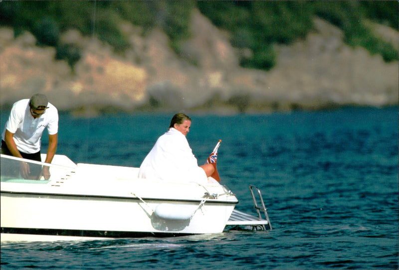 Princess Diana on vacation with his sons Harry and William - Vintage Photograph