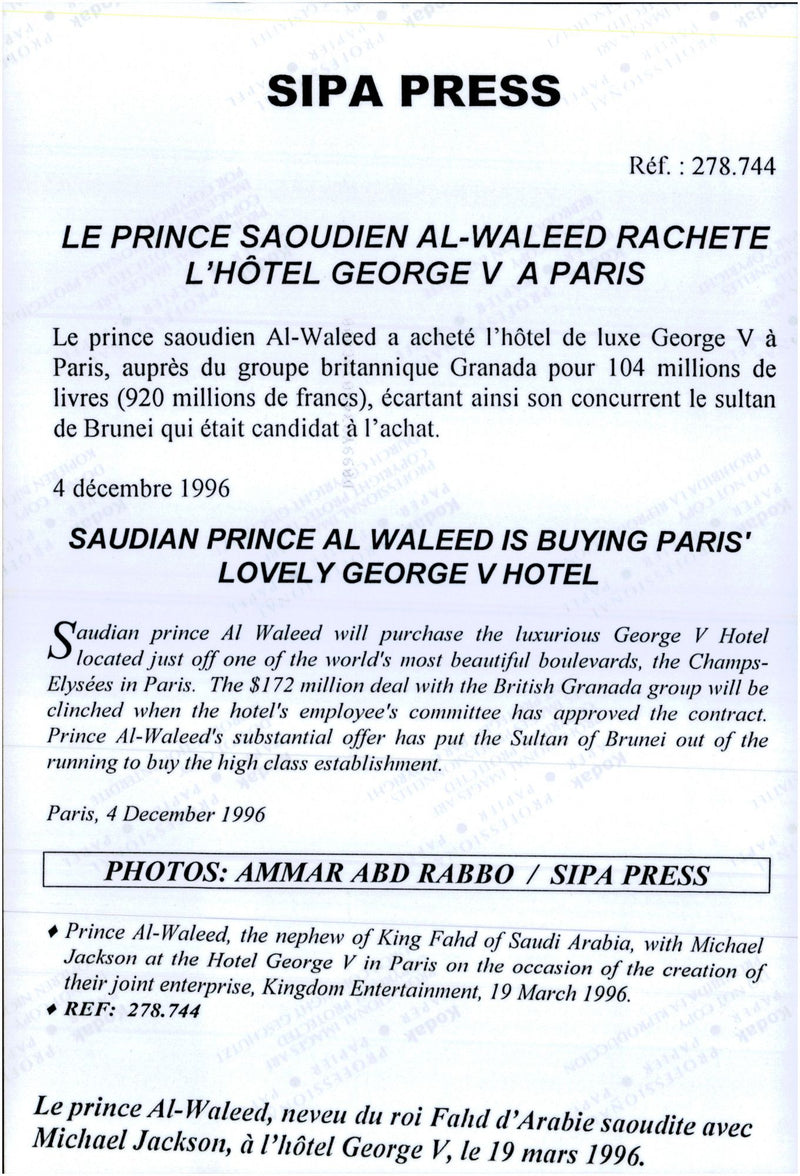 Prince Al-Waleed together with Michael Jackson - Vintage Photograph