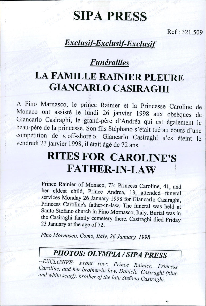 Princess Caroline and Furst Rainier attend the funeral of Stefano Casiraghi - Vintage Photograph