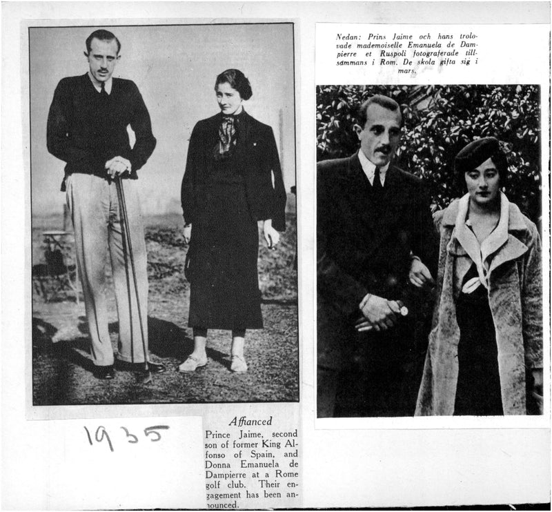 Prince Jaime and his betrothed mademoiselle Emanuela de Dampierre et Ruspoli photographed together in Rome - Year 1935 - Vintage Photograph