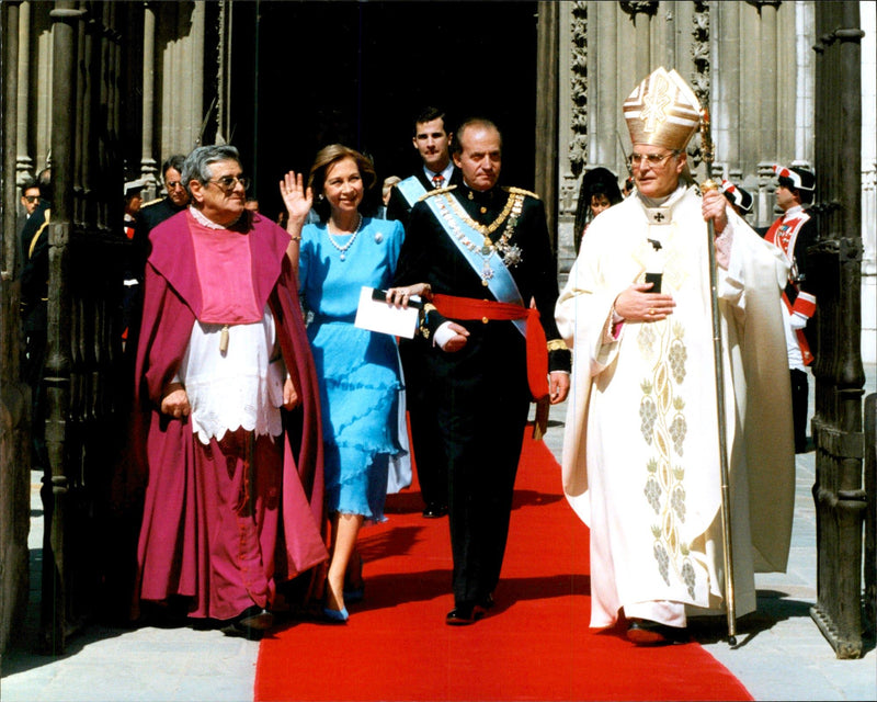 Queen Sofia and King Juan Carlos of Spain at Princess Elena's wedding. - Vintage Photograph