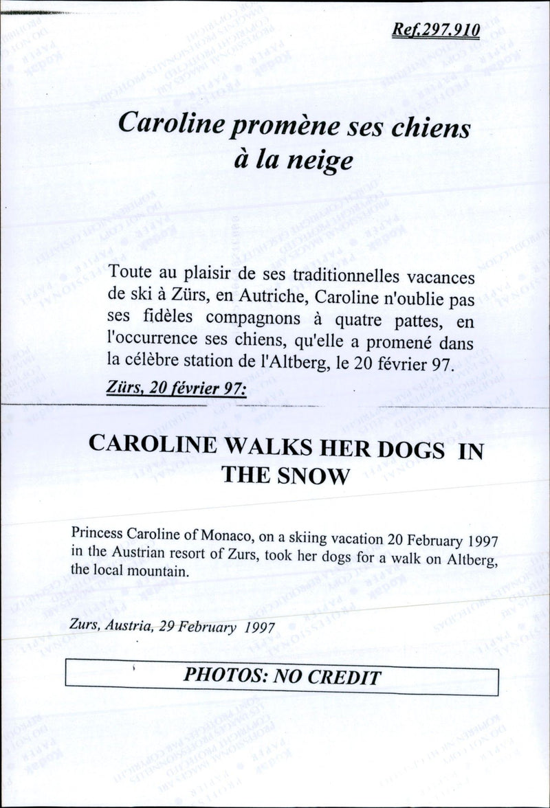 Princess Caroline walking their dogs on a skiing holiday - Vintage Photograph