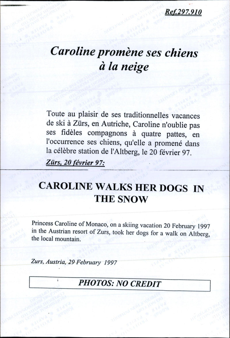 Princess Caroline walking their dogs on a skiing holiday - Vintage Photograph