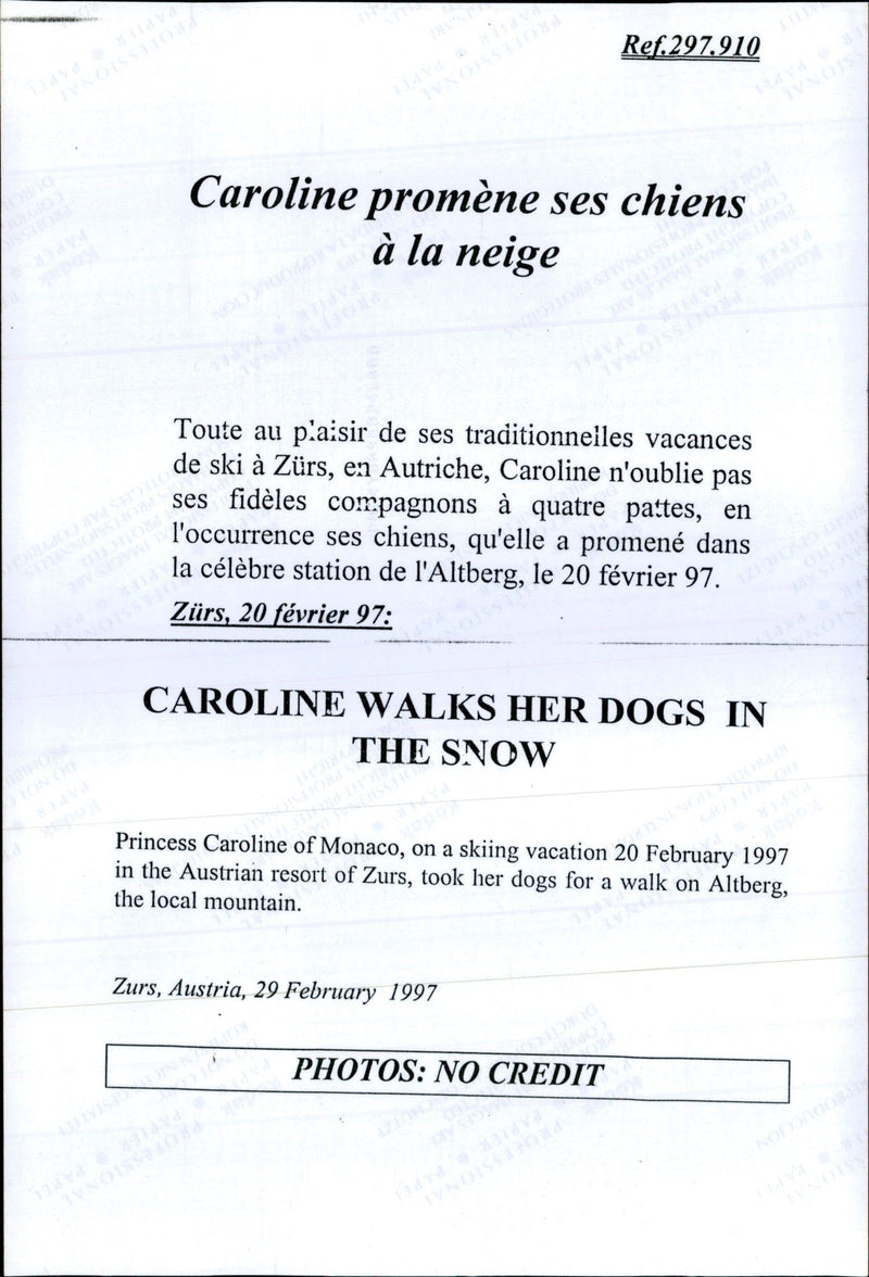 Princess Caroline walking their dogs on a skiing holiday - Vintage Photograph