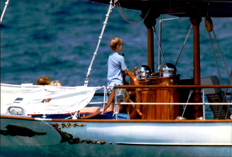 Princess Diana on board the yacht Saraxa along with her sons William and Harry - Vintage Photograph