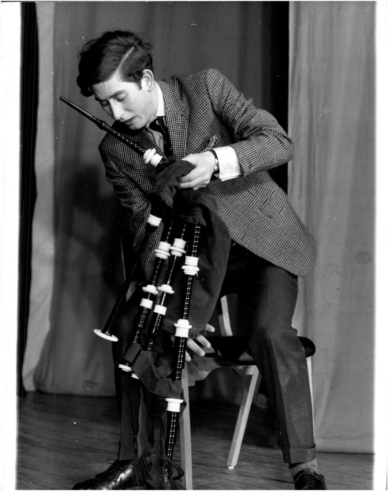 Prince Charles during the rehearsal of a school revue with bagpipes - Vintage Photograph