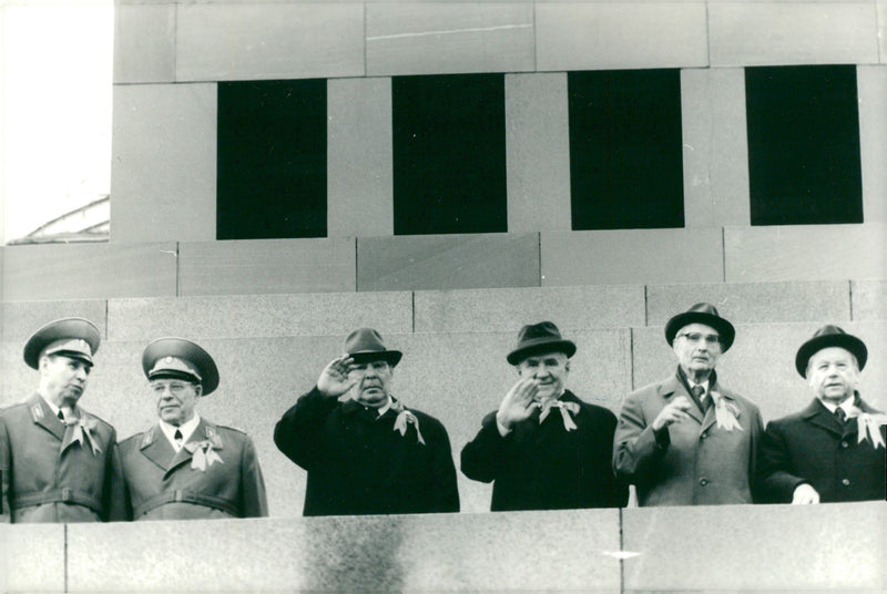 Soviet leader Leonid Brezjnev waves with the politician, from the top of Lenin grave at 1st majparad. - Vintage Photograph