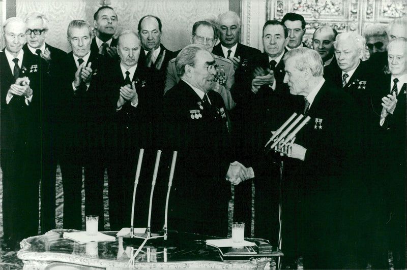 Soviet leader Leonid Brezjnev honored on his 75th birthday. - Vintage Photograph