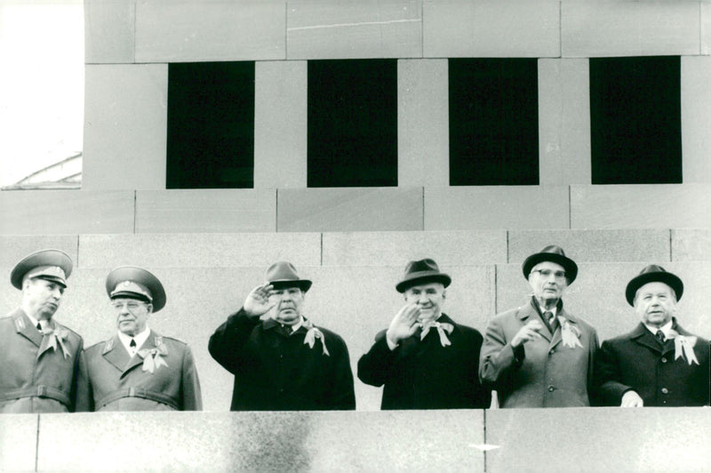 Soviet leader Leonid Brezjnev waves with the politician, from the top of Lenin grave at 1st majparad. - Vintage Photograph