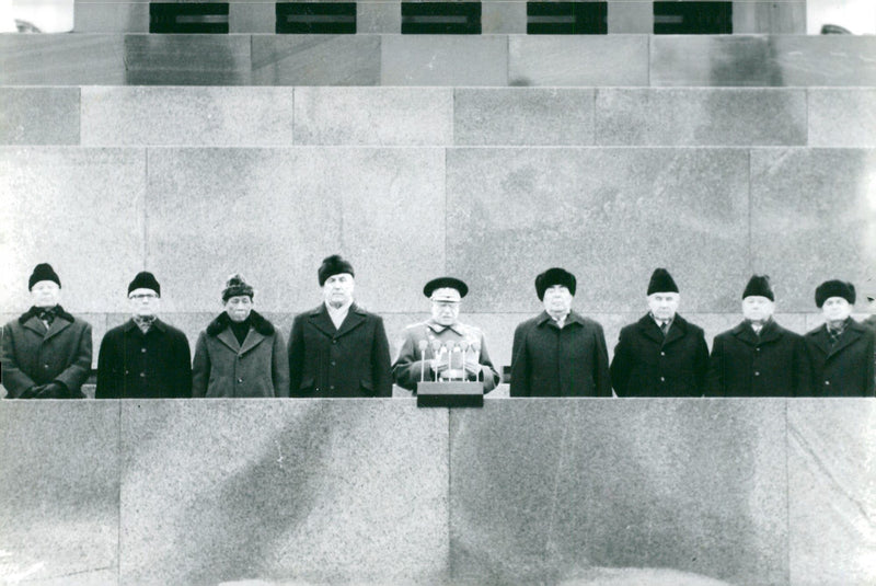 Soviet leader Leonid Brezjnev among politicians at the celebration of the Soviet Union's 60th anniversary. - Vintage Photograph