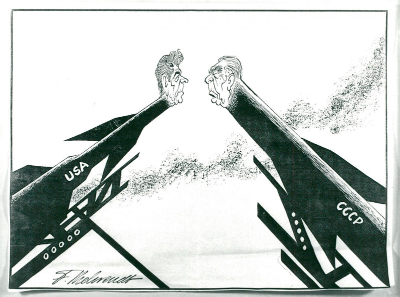 Caricature of the politician Leonid Brezjnev and Reagan - Vintage Photograph