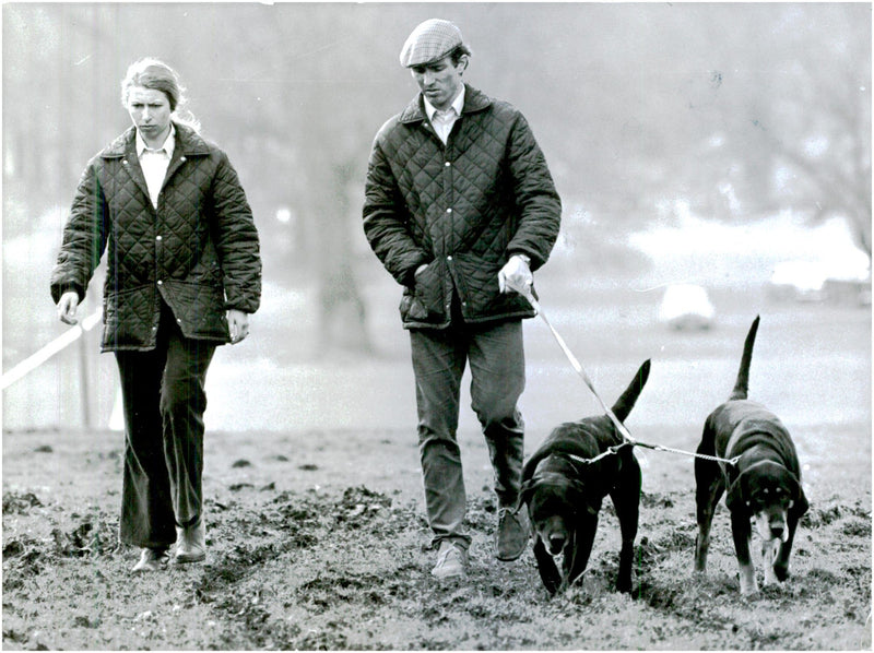 Princess Anne and her husband Mark Phillips on a walk with the dogs - Vintage Photograph