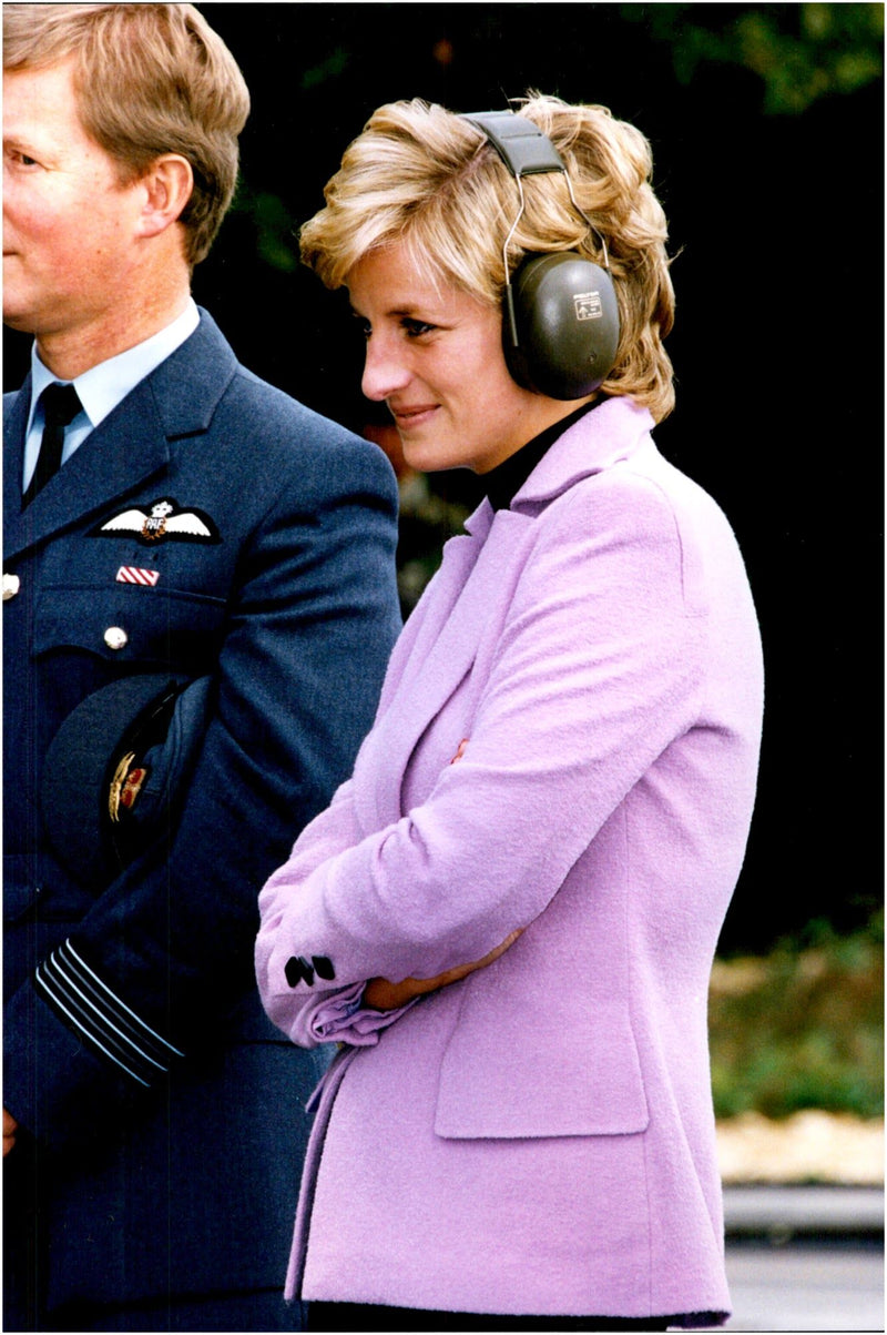 Princess Diana with ear protection at the aircraft show of Harrier jet plane - Vintage Photograph