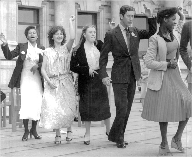 Prince Charles jumped in and danced with a dance class outside the City Hall. - Vintage Photograph