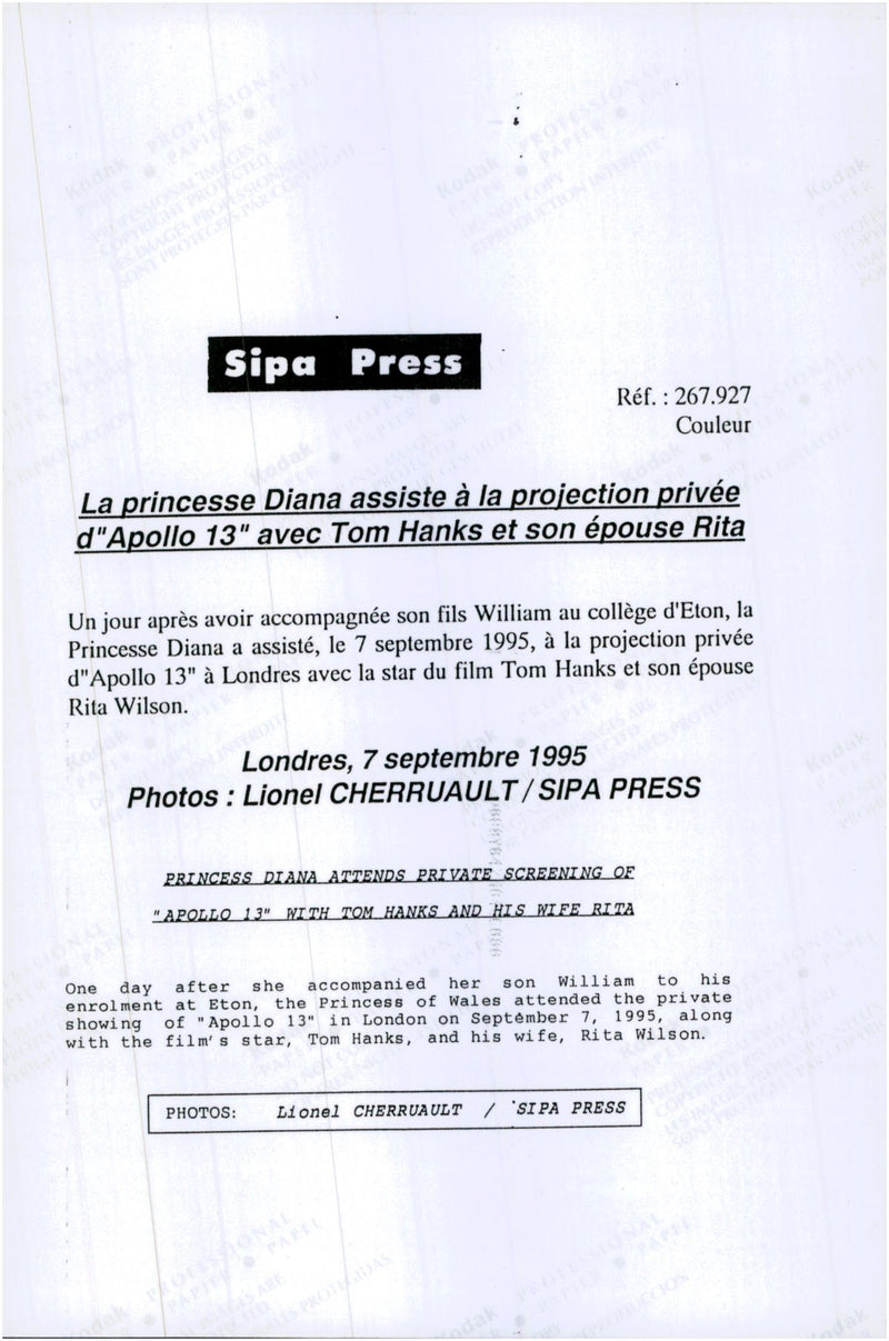 Tom Hanks and his wife, Rita Wilson, were present together with Princess Diana, at the gala premier of &quot;Apollo 13&quot;. - Vintage Photograph