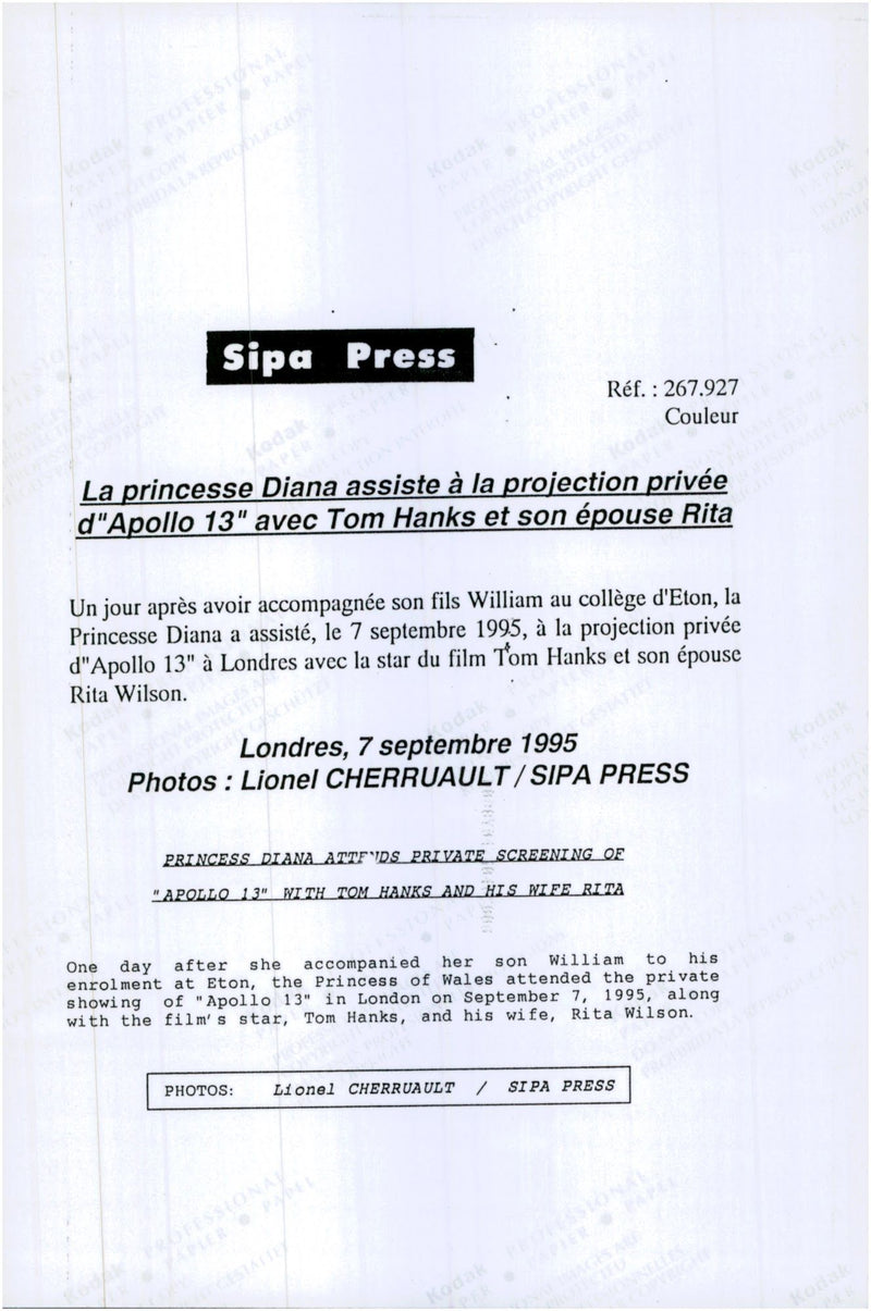 Tom Hanks and his wife, Rita Wilson, were present with Princess Diana, at the gala premier of &quot;Apollo 13&quot;. - Vintage Photograph