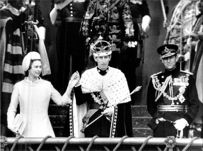 Prince Charles with his parents Queen Elizabeth II and Prince Philip during the coronation ceremony - Vintage Photograph