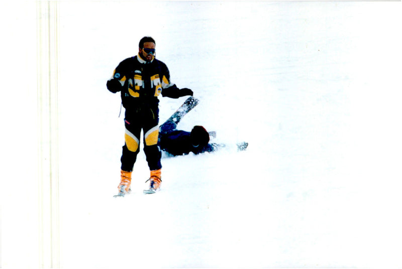 Prince Charles falls in the ski slope on Holidays in the Alps - Vintage Photograph