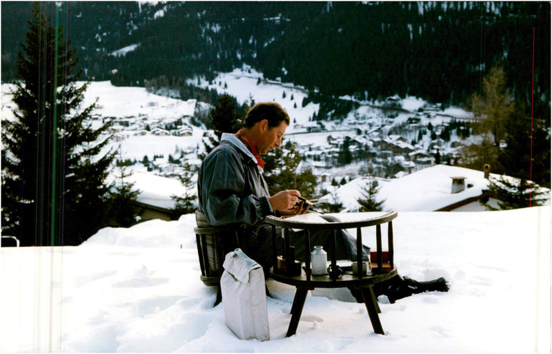 Prince Charles sits sketchar little during his ski holiday - Vintage Photograph