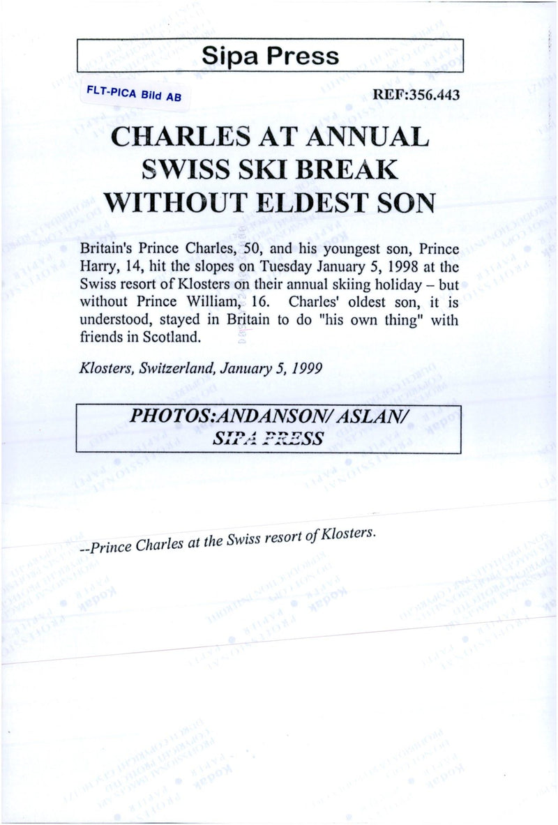 Prince Charles goes skiing during a skiing holiday in Switzerland. - Vintage Photograph