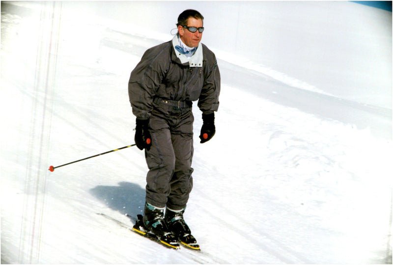 Prince Charles goes skiing during a skiing holiday in Switzerland. - Vintage Photograph