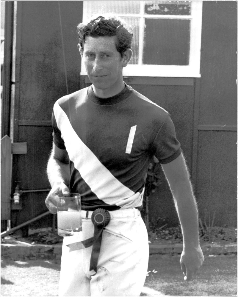 Prince Charles takes a beer after participating in polo team Les Diables - Vintage Photograph