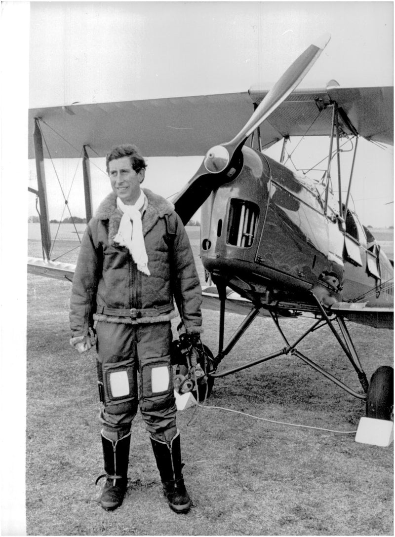 Prince Charles in front Chipmunk plane he will test drive - Vintage Photograph