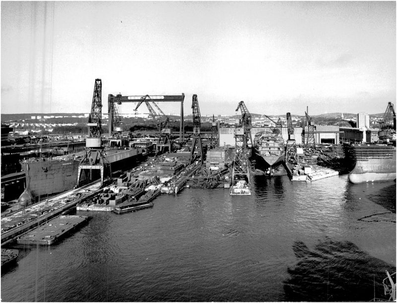 The largest ships built in the large building dock at Eriksberg. The smaller, mainly product tankers being built at Eriksberg and Lindholmen. - Vintage Photograph