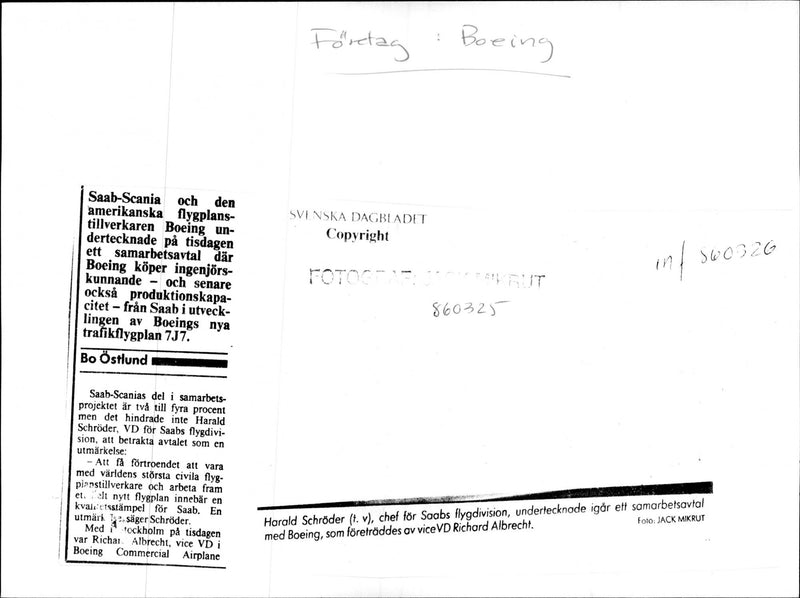 Harald SchrÃ¶der, head of Saab's aviation division, following the signing of a cooperation agreement with Boeing vice president Richard Albrecht. - Vintage Photograph
