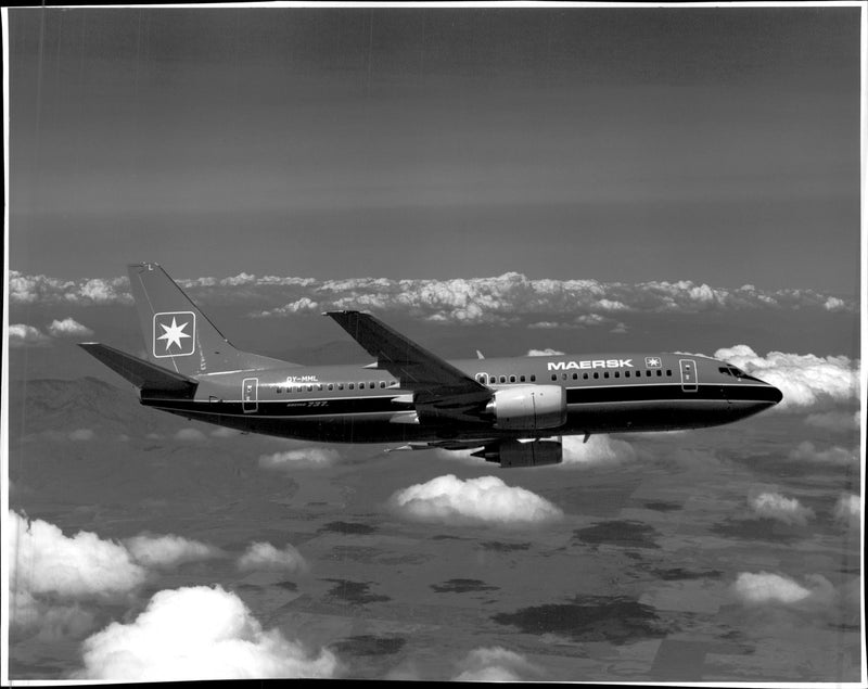 Maersk 737-300 is the first of Boeing's new 142-seater passenger aircraft to operate on the Scandinavian airspace. - Vintage Photograph