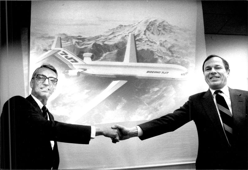 Harald SchrÃ¶der, head of Saab's aviation division and Richard Albrecht, vice president, Boeing, in connection with the signing of the cooperation agreement between the companies. - Vintage Photograph