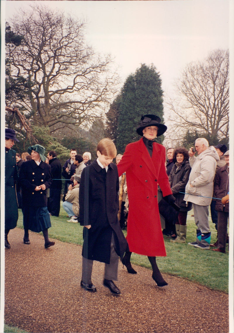 Royal Christmas Celebration, Christmas Day. Princess Diana goes alone with her son, Prince William. - Vintage Photograph