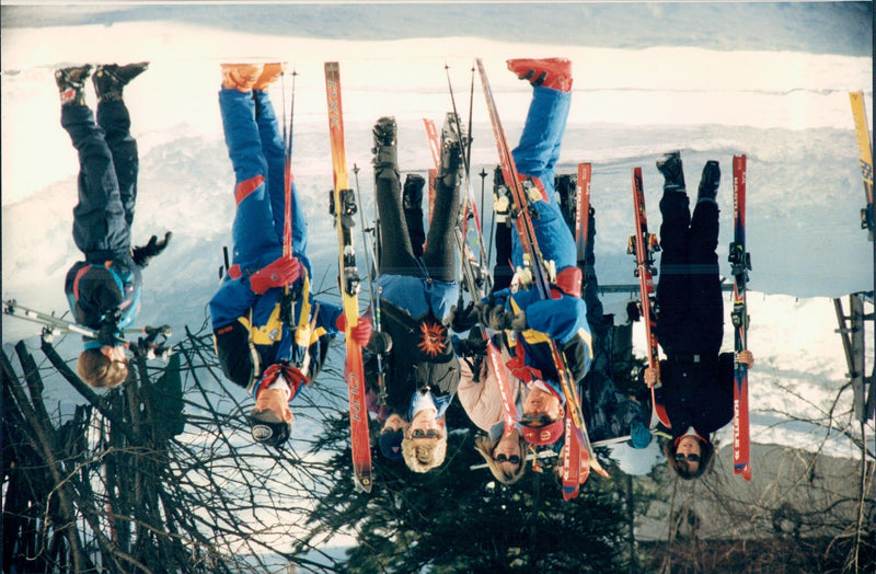 Princess Diana and her sons Harry and Williams the first day at their ski holiday in Lech. Here they get skiing lessons. - Vintage Photograph