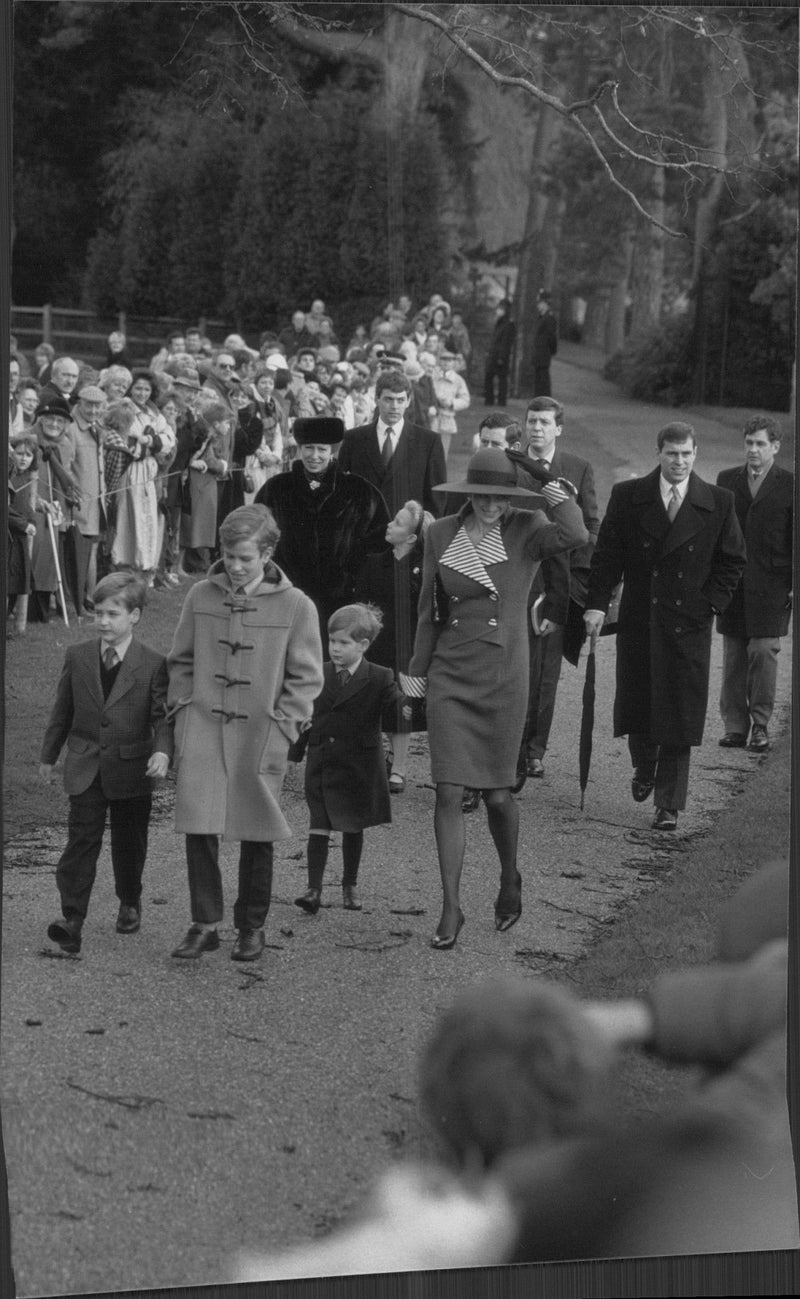 On parades: Prince William, Peter, Phillip, Harry and Princess Diana, followed by Princess Anne, daughter Zara, Prince Charles and Prince Andrew. - Vintage Photograph
