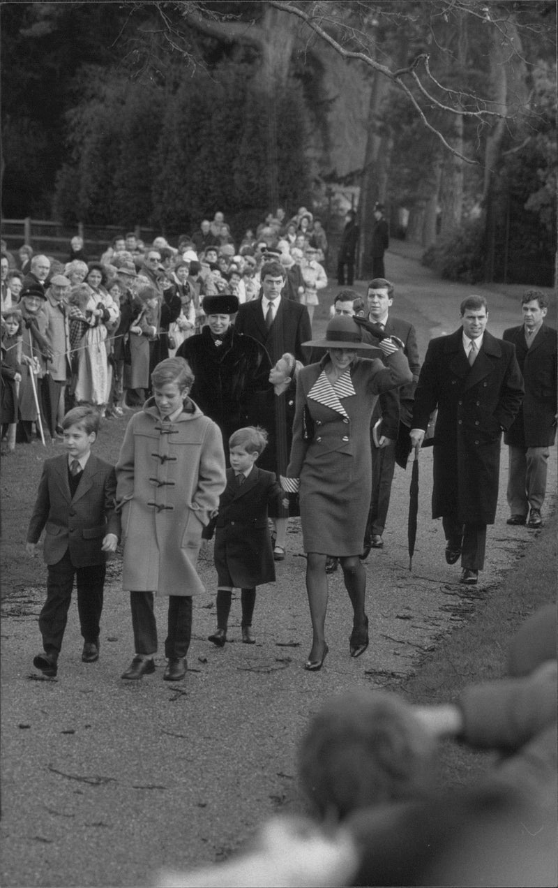 On parades: Prince William, Peter, Phillip, Harry and Princess Diana, followed by Princess Anne, daughter Zara, Prince Charles and Prince Andrew. - Vintage Photograph
