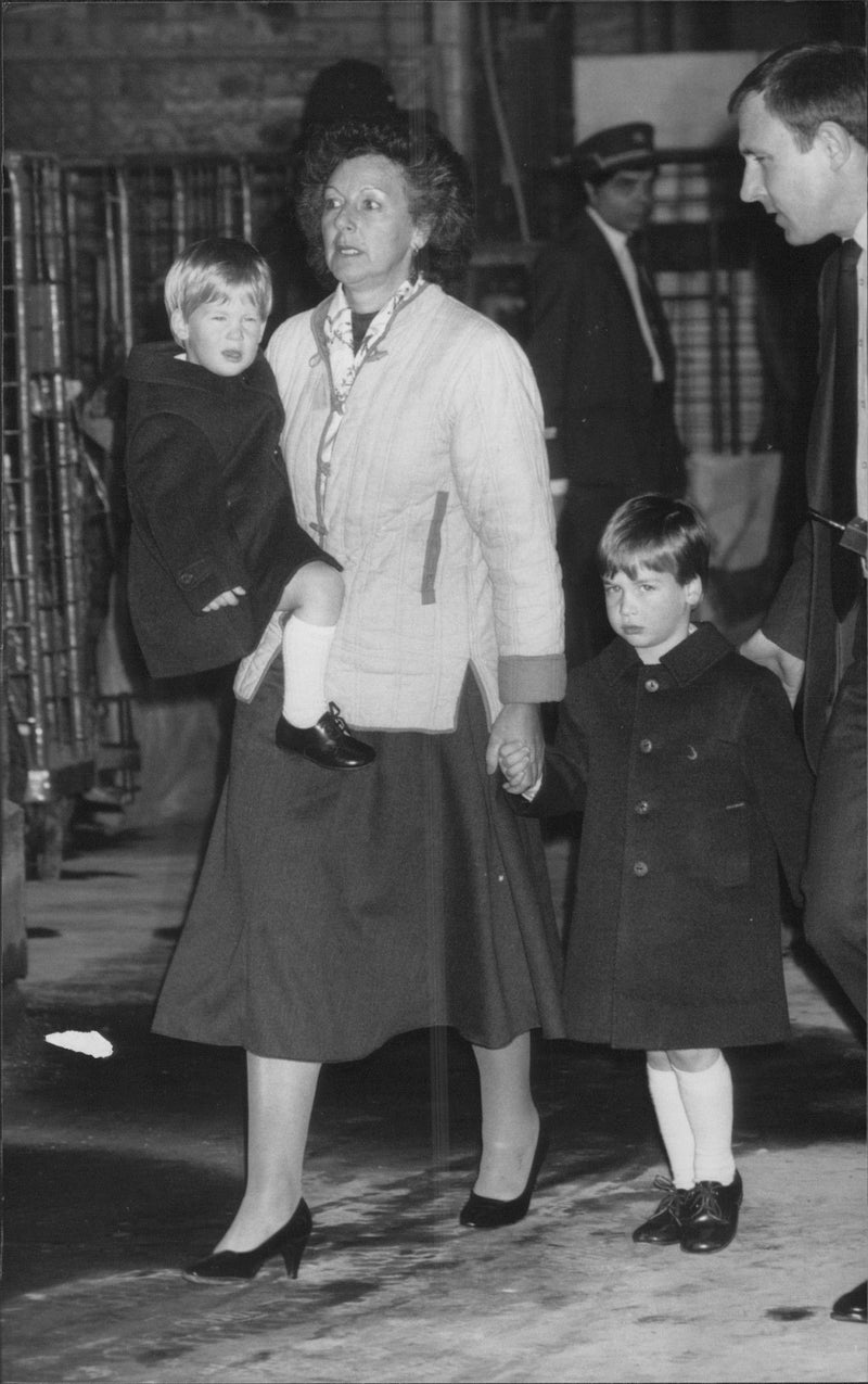 Prince William and Prince Harry with her childhood girl Barbara Barnes. On my way home from the royal hunting hill at Sandringham. - Vintage Photograph