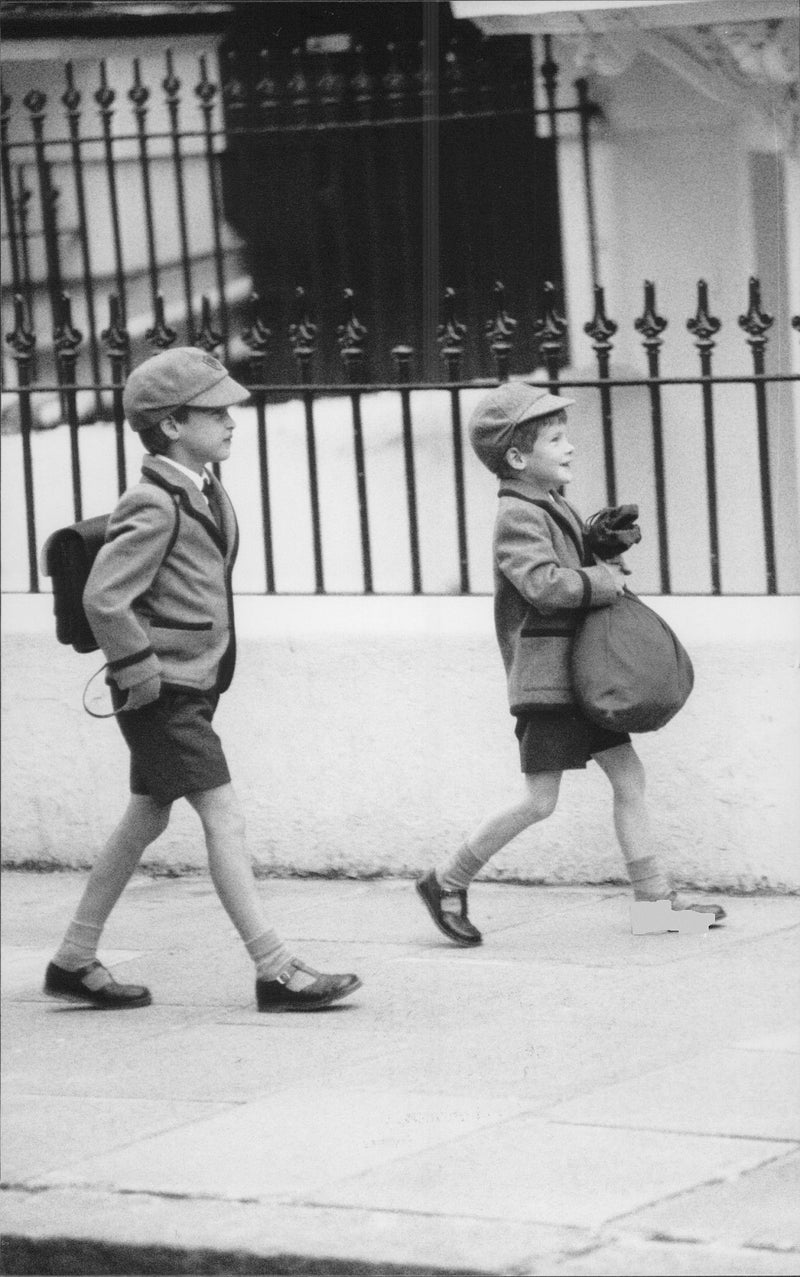 Prince Harry and Prince William on their way to school's first day. Harry will start in first class. - Vintage Photograph
