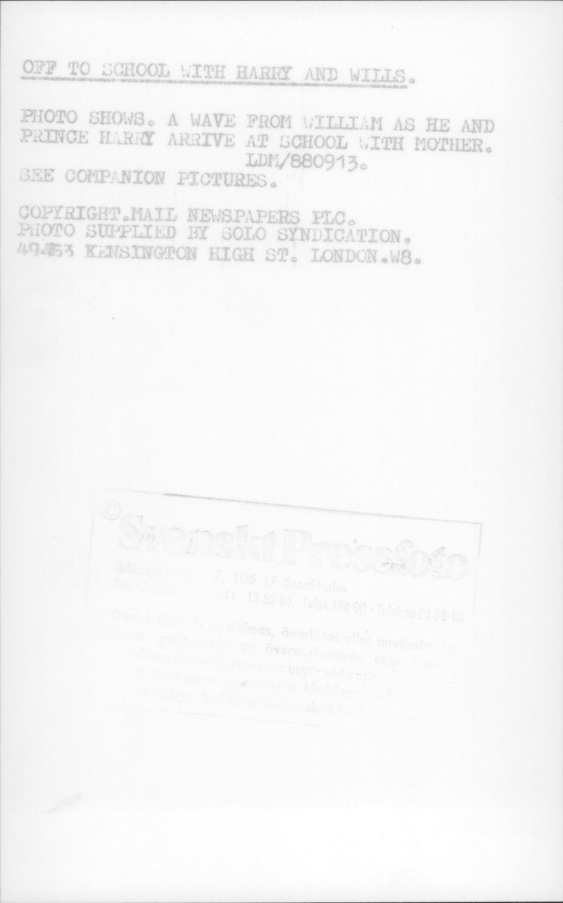 On the way to school. Prince William waves the camera while Prince Harry goes close to his mother, Princess Diana. - Vintage Photograph