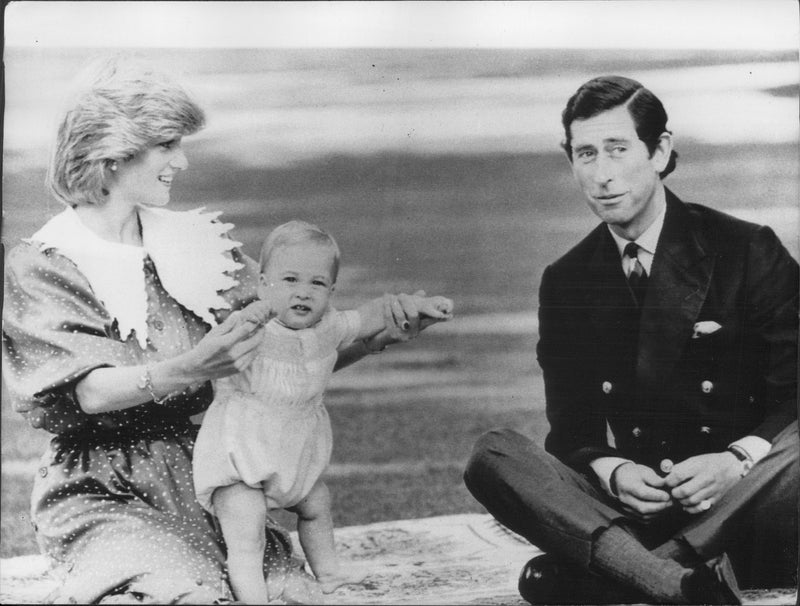 Princess Diana and Prince Charles together with son William, ten months old. - Vintage Photograph