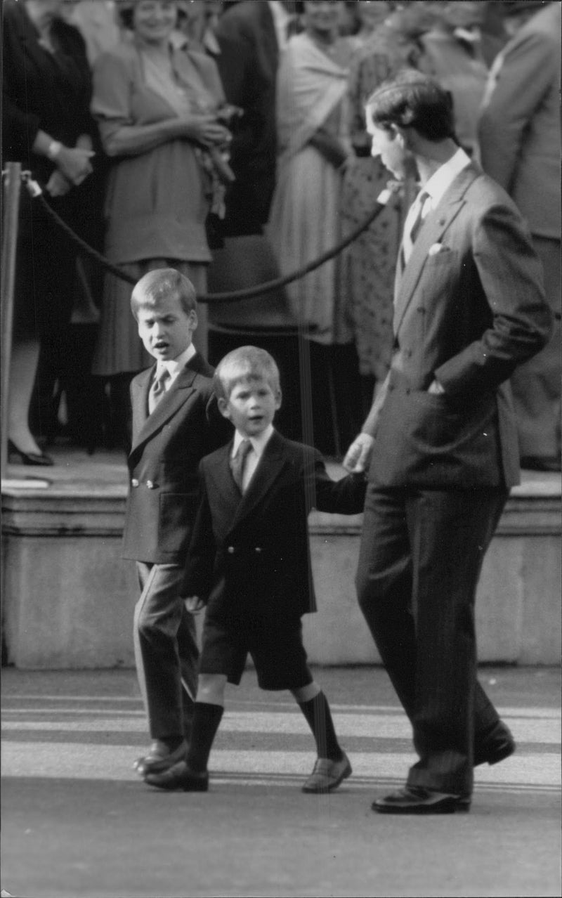 Prince William, Prince Harry and Prince Charles are about to receive the arriving Queen Beatrix of Holland. - Vintage Photograph
