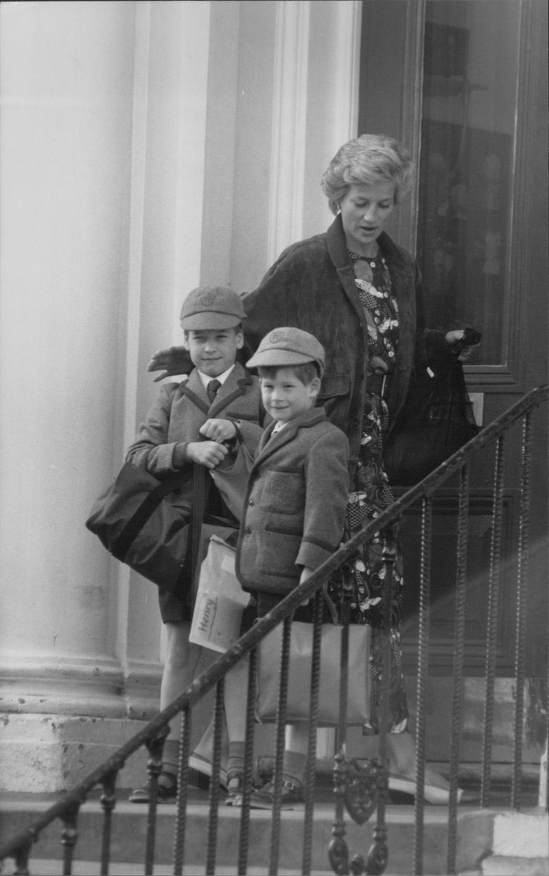 Princess Diana together with Prince William and Prince Harry, who are back after spring break. - Vintage Photograph