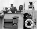 Prince Charles on the bridge at HMS Bronington and Prince Hassan, on the right, who boarded the ship in Chatham. - Vintage Photograph