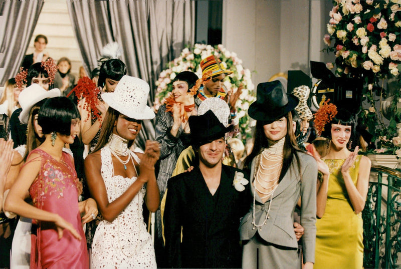 John Galliano along with the models at his Haute Couture fashion show - Vintage Photograph