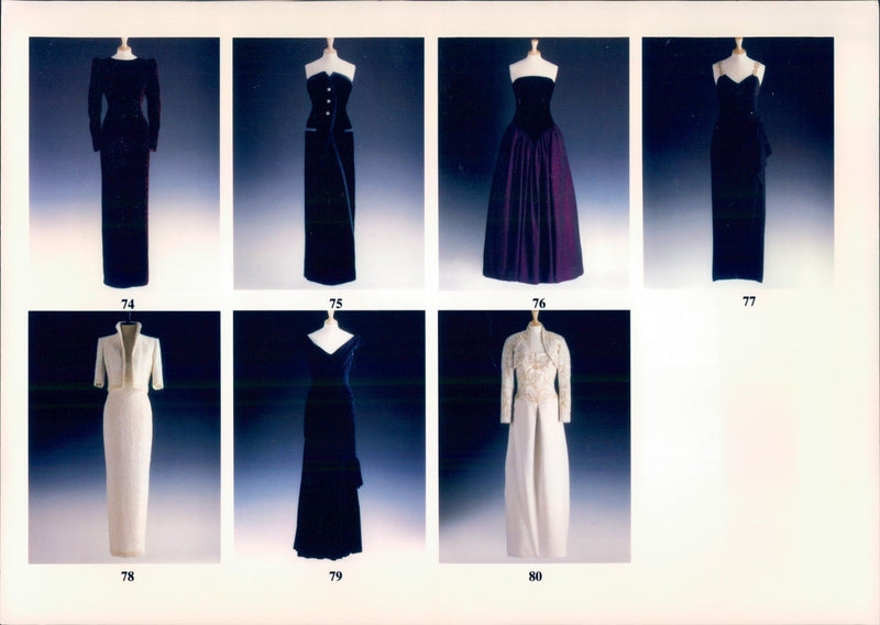 Seven of the total 80 dresses that Princess Diana decided to auction for charity purposes. - Vintage Photograph